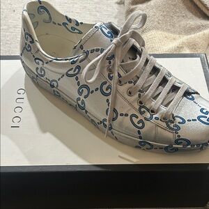 Gucci Metallic Silver Sneakers with Blue Pattern